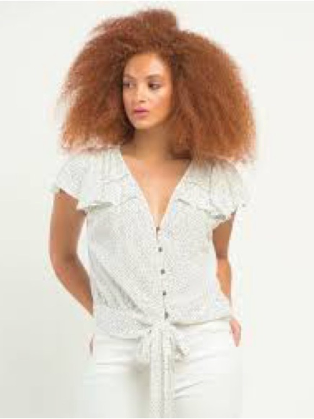 Express White Tie-Front Button Ruffle Blouse - Picture 16 of 16